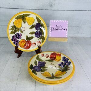 Tabletops CORNUCOPIA Hand Crafted Yellow Band Fruit Lunch Salad Plates Set 3